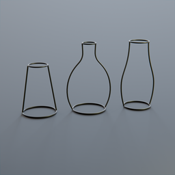 "Silhouette Vase Set: A trio of vases with glass detailing on a table against a gray background, 3D modeled in Blender. Perfect for adding a touch of minimalist style to your 3D projects. Available in various sizes."