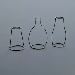 "Silhouette Vase Set: A trio of vases with glass detailing on a table against a gray background, 3D modeled in Blender. Perfect for adding a touch of minimalist style to your 3D projects. Available in various sizes."