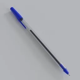 Realistic 3D model of a transparent blue ballpoint pen suitable for office and educational Blender scenes.