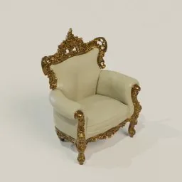 Detailed 3D model of a Baroque-style chair with ornate golden trim and plush upholstery, compatible with Blender.