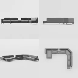 "Modular wood and fabric sofa and chair 3D model for Blender, inspired by Fuga Mobilya's Arca design. Includes detailed building plans, multiple views, and 2k textures. Available on catalog at The Store in mostly greyscale tones with sharp, blocky shapes."