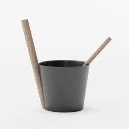 3D rendered sauna bucket with ladle, high fidelity, Blender compatible, minimalist design.