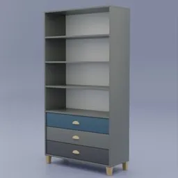"Blue and gray bookcase with 3 drawers and a shelf, ideal for kids and family room decor. Nonbinary model in Swedish style, rendered in Arnold and Octane for a novel color scheme."