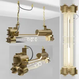 "Vintage Edison tube 4x Edison 300mm E27 filament ceiling light by Daeyang from the 1970s. Steampunk-inspired with chemrail, brass, and steam technology, and glowing tubes. Ideal for use as a ceiling or wall lamp in both eeve and cycles render machines."