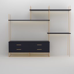 3D-rendered navy blue and brass TV stand with LED highlights, optimized for Blender rendering