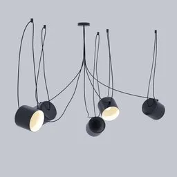 "Ceiling light fantasy 5 domes - a modern and sophisticated pendant light with movement, perfect for composing stylish environments. Created with Blender 3D, this detailed and refined light features five black lamps hanging from a gray ceiling. A top model for your design needs."