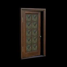 Detailed 3D wooden door with stained glass design, Blender render compatible