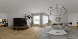 Panoramic 360-degree HDR image of a modern living room with natural lighting, minimalist decor, and cozy furnishings.
