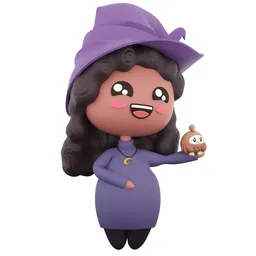 Charming 3D sorceress with owl, Blender ready, featuring unique 2D face rig and customizable assets.