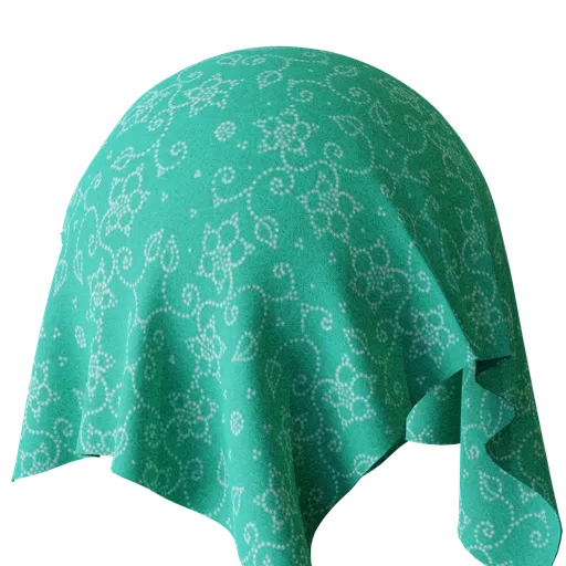 High-resolution sea green PBR fabric texture with dotted floral pattern for 3D rendering in Blender and other software