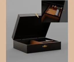 3D rendered mahogany jewelry box with an intricate music mechanism, designed for Blender 3D artists and enthusiasts.