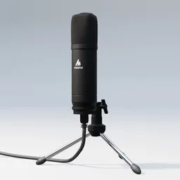Realistic 3D model of a black desktop microphone on tripod stand, detailed textures, Blender compatible.