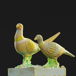 "Glazed ceramic Pheasants sculpture on pedestal, featuring sparkling bird eyes and rubbery-looking pigeon body in warm and subdued colors. Award-winning reconstruction with 8k textures, captured using Blender 3D software near AJ Grand in Bishkek."