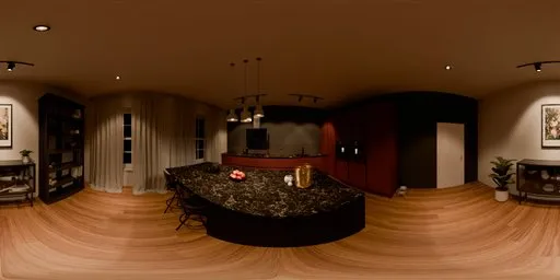 360-degree HDR panorama with a modern kitchen featuring black marble island, deep red cabinets, and dining area for lighting scenes.