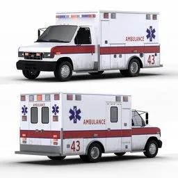 Detailed 3D model of Ford E350 rigged ambulance, featuring procedural shaders and a fully modeled front interior.