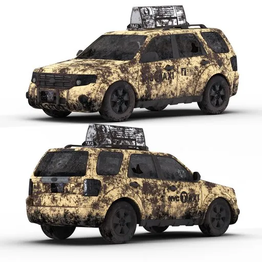 Highly detailed post-apocalyptic taxi 3D model with weathered textures, designed in Blender, suitable for game assets and CGI.