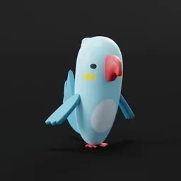 "Low-poly 3D model of a parrot with a blue body, red beak, and pink nose, perfect for Blender 3D animations in the style of animals and birds. Created by Macoto Takahashi, this adorable parrot is ideal for projects seeking an eye-catching and attractive character. Perfect for your next Blender 3D animation project."