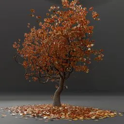 Detailed 3D model of a leafy autumn tree with scattered fallen leaves, suitable for Blender 3D rendering.