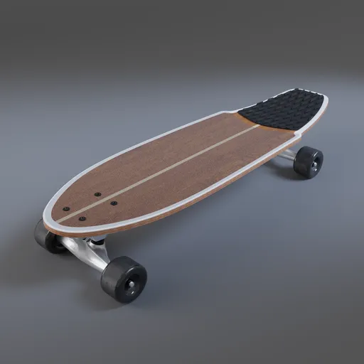 High-quality Blender 3D model of an electric longboard with a detailed texture and realistic shadows.