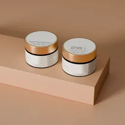 Elegant 3D-rendered face mask jars in a sophisticated product visualization scene.