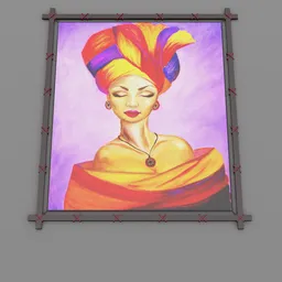 "Colorful painting of a woman with a turban and necklace, framed in wooden frame and ready for wall decoration. Created in Blender 3D by Daphne Allen, this 3D model is inspired by the artwork of Chinwe Chukwuogo-Roy and features vibrant colors and intricate details."