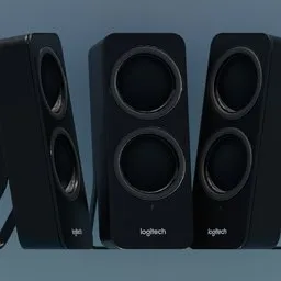 "High-quality 3D model of a Logitech Speaker for Blender 3D. Single speaker design with a sleek modern look and blue background. Perfect for audio projects."