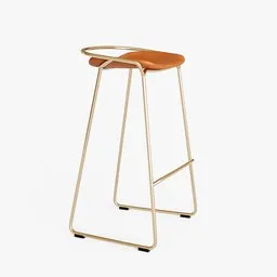 3D-rendered high stool with golden steel frame and tan upholstered seat for Blender modeling.
