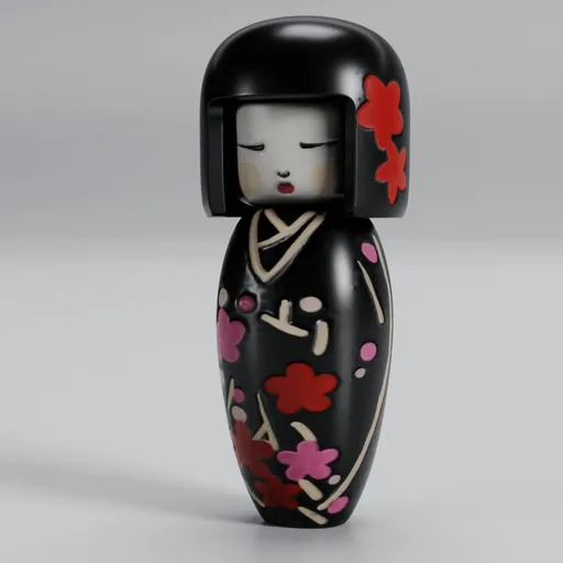 Detailed 3D Blender model of a traditional Japanese Kokeshi doll with intricate floral patterns.