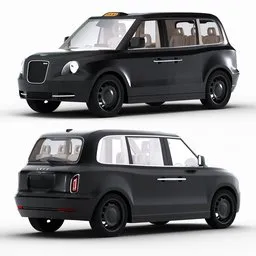Detailed 3D model of a black London taxi with procedural shader effects, rigged for animation in Blender.