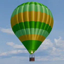 Realistic green and yellow 3D hot air balloon model with fire animation, compatible with Blender.