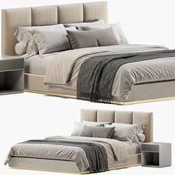 "A luxurious 3D model of the Fendi Casa Delano bed featuring a grey and gold color palette, designed by Caesar Andrade Faini. Measuring 233 x 180 x 102 cm and with 375,217 polygons, this BlenderKit architecture category model is perfect for any interior design project. Rendered in Cycles and available in the Blender format with unwrapped UVs."