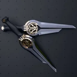 Blender 3D-rendered sci-fi dagger with intricate Ivaldi emblem, showcasing detailed black and gold design, ideal for military game asset.