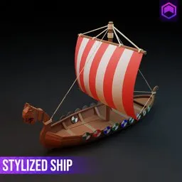 Low-poly 3D model of a stylized ship with striped sails, suitable for Blender and game designs.