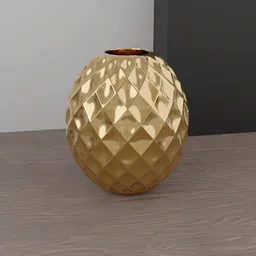 Geometric textured golden ceramic pot, 3D model designed for Blender, on a wood surface.
