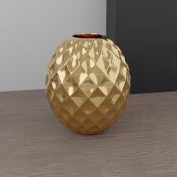 "Golden ceramic pot modeled in Blender 3D software, standing on a table against a black wall. The intricate design features golden cracks and a dodecahedron pattern. Perfect for any 3D drawing project."