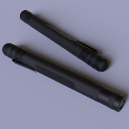 "Pen Flashlight - Slim pen-sized flashlight with a clip and textured grip, ideal for Blender 3D projects. Created in 2019 by Francis Helps using ZBrush, this monochrome 3D model is perfect for industrial and exterior designs. Find it on BlenderKit for tactical gear and minimalism inspiration."
