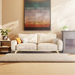 Detailed 3D render of a retro-style maize-colored sofa with cushions on a shag rug, optimized for Blender 3D.