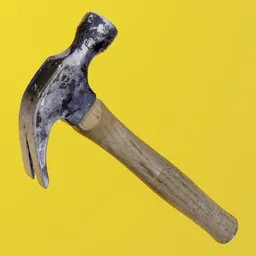 Realistic 3D scanned hammer with steel head and wooden handle, perfect for digital construction scenes.