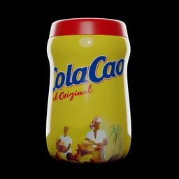 "Realistic 3D model of the iconic Cola Cao bottle, accurately detailed with a retro label and beautiful aesthetic design. Perfect for Blender 3D users seeking a high-quality rendering of this classic product."