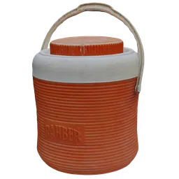 Highly detailed orange and grey Blender 3D cooler model with texture and handle.