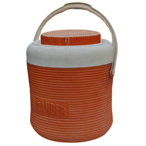 Highly detailed orange and grey Blender 3D cooler model with texture and handle.