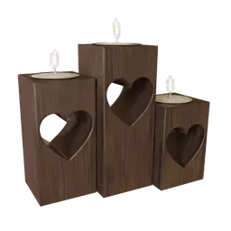 3D wooden candlesticks with heart cutouts and lit candles, designed for cozy interior rendering in Blender.