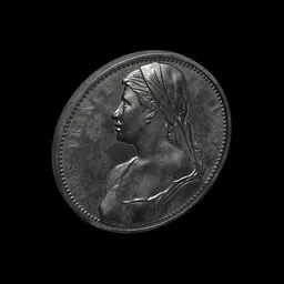 "3D Coin model featuring a woman's face by Hiroshi Sugimoto, with realistic details, hard black shadows, and a silver finish. Perfect for Blender 3D users looking for high-quality currency assets for their projects."