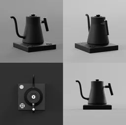 Stylish black electric kettle 3D model with various angles, centimeter-scaled, rendered in Blender Cycles.
