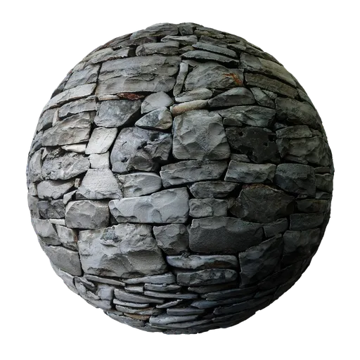 2K PBR stone material for Blender, realistic grey dry stone wall texture with detailed tiling and displacement for 3D modeling.