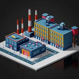 Detailed low poly anime-style 3D Blender model with colorful factory buildings, chimneys, and water tower.