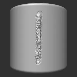 3D sculpting tool depicting a cylindrical shape with a repeating pattern texture for metal damage effect in Blender.