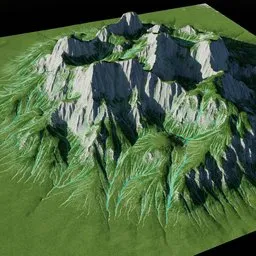 "Explore the Mountains Terrain 3D model for Blender, featuring an epic forest and icy mountains in the style of Minecraft. This Houdini simulated model has a green and blue color scheme, with cell-shaded textures inspired by Charles Mahoney. Perfect for game scene graph creation and Steam Workshop maps."