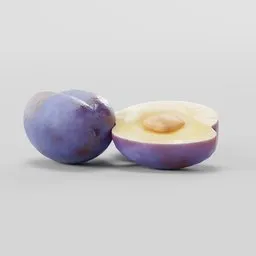 "Procedural textured Plum in full and half, perfect for Blender 3D fruit and vegetable scenes. Highly detailed with realistic seed texture. Ideal for creating botanical visualizations."