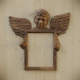 Detailed baby angel sculpture holding an empty picture frame, 3D model designed for Blender, ideal for interior decoration.